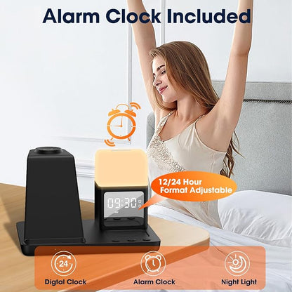 Wireless Charger for Samsung/Android,6 in 1 Alarm Clock Charging Station for Bedrooms with Bedside Clock Night Light for Samsung S25/S24/S23 Ultra/Buds,Watch Charger only for Galaxy Watch 8/7/6-Black