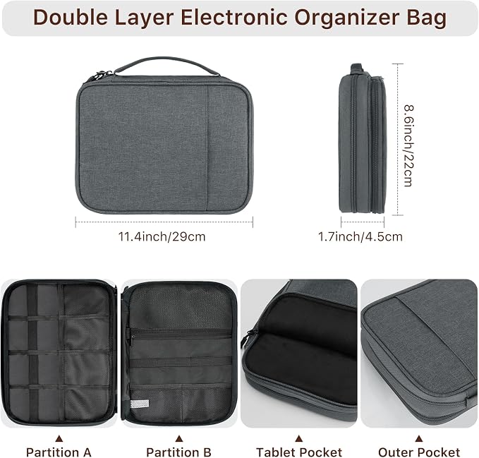 Dadanism Electronics Travel Organizer Case, Double Layers Cord Organizer | Travel All-in-One Storage Bag for Cable, Cord, iPad, Chargers, fits 9-11'' Tablets, Portable Tech Accessories Bag, Space Gray