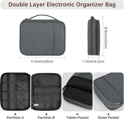 Dadanism Electronics Travel Organizer Case, Double Layers Cord Organizer | Travel All-in-One Storage Bag for Cable, Cord, iPad, Chargers, fits 9-11'' Tablets, Portable Tech Accessories Bag, Space Gray