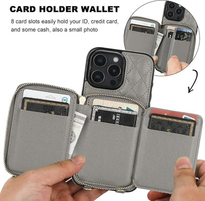 Bocasal Crossbody Wallet Case for iPhone 16 Pro Max, RFID Blocking PU Leather Zipper Handbag Purse Flip Cover, Kickstand Folio Case with Card Slots Holder Wrist Strap Lanyard 5G 6.9 Inch (Grey)