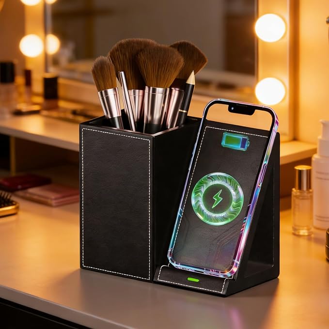 LADSTAG Makeup Brush Holder,Leather Makeup Brush Holder Organizer with phone charging stand，Makeup Organizers Countertop, Makeup organization and Skincare Storage for Vanity, Desktop, Bathroom