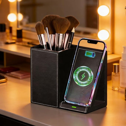 LADSTAG Makeup Brush Holder,Leather Makeup Brush Holder Organizer with phone charging stand，Makeup Organizers Countertop, Makeup organization and Skincare Storage for Vanity, Desktop, Bathroom