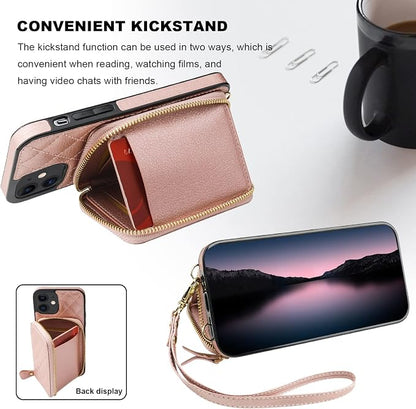 Bocasal Crossbody Wallet Case for iPhone 12/12 Pro, RFID Blocking PU Leather Zipper Handbag Purse Flip Cover, Kickstand Folio Case with Card Slots Holder Wrist Strap Lanyard 5G 6.1 Inch (Rose Gold)