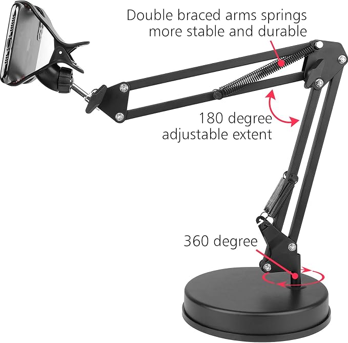 Chromlives Overhead Phone Mount - Articulating Arm Stand with Base, 360 Adjustable Phone & Tablet Holder