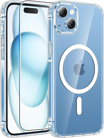 FNTCASE for iPhone 15 Case: for iPhone 14 Case & iPhone 13 Case [Compatible with Magsafe] [Screen Protector] Anti Yellowing Transparent Clear - Military Grade Shockproof Protective Phone Cover - Clear