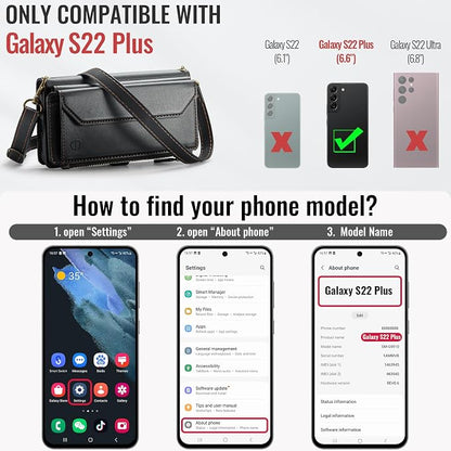 Strapurs Crossbody Wallet Case Compatible with Samsung Galaxy S22 Plus RFID Blocking Card Holder Soft PU Leather Magnetic Snap Strap Zipper Pocket Phone Case Fit for Galaxy S22+/ S22 Plus - Black