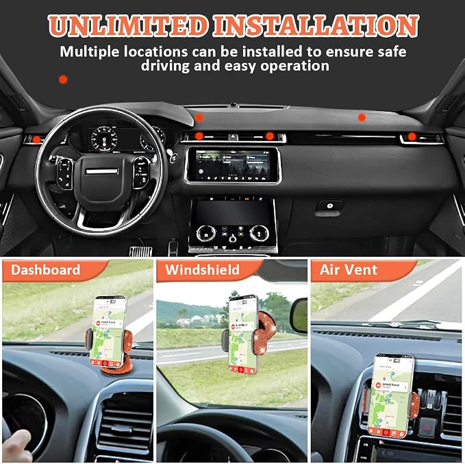 eing Car Phone Mount Cell Phone Holder with One More Air Vent Base,Bling Crystal Universal Phone Mount Holder Cradle for Dashboard,Windshield and Air Vent,Orange