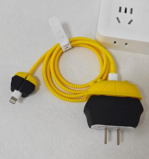 Compatible with iPhone 18W/20W USB-C Charger Protector Cover, 3D Cute Cartoon Charger Case for Apple iPhone 20W USB-C Power Adapter and Lightning Cable Protective Wire Saver (Yellow Hat Black)