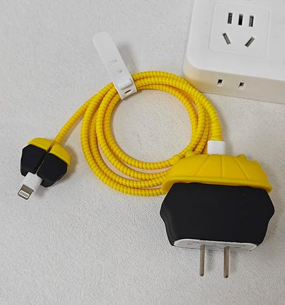 Compatible with iPhone 18W/20W USB-C Charger Protector Cover, 3D Cute Cartoon Charger Case for Apple iPhone 20W USB-C Power Adapter and Lightning Cable Protective Wire Saver (Yellow Hat Black)