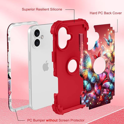 Hocase for iPhone 17 Case 6.3", Heavy Duty Shockproof Protection Soft Silicone Rubber+Hard Plastic Bumpers Hybrid Protective Case for iPhone 17 2025 - Shimmering Butterflies in Red