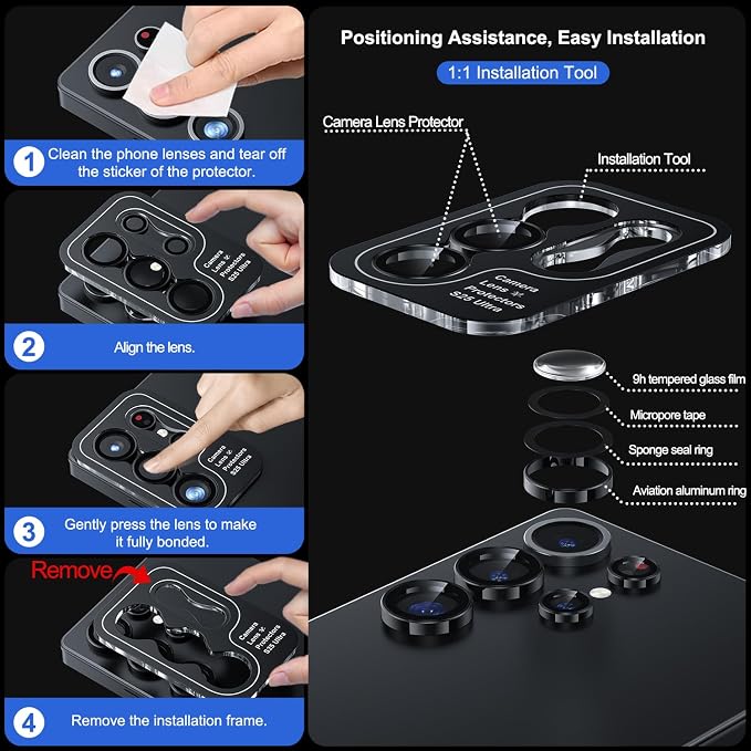 WSKEN for Samsung Galaxy S25 Ultra Camera Lens Protector - Ultra Thin Case Friendly, 9H Shatterproof Tempered Glass with Aluminum Metal Circle Camera Screen Protector Cover Accessories, Black