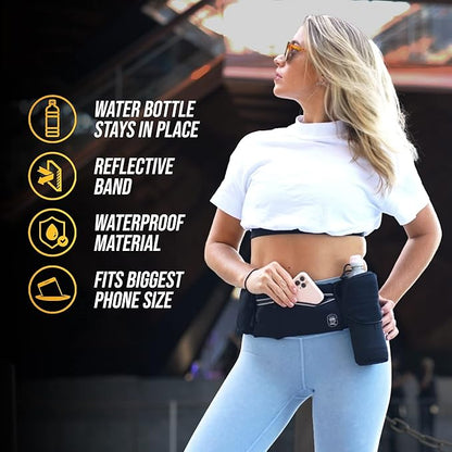 Running Belt with Water Bottle Holder - Waist Bag With Extender for Jogging, Hiking, Cycling, Walking - Dog Walker Hydration Fanny Pack - Sport Pouch iPhone Carrier for Women and Men - Black