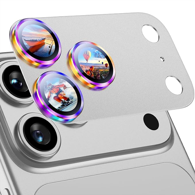 Uyiton for iPhone 17 Pro Max Camera Lens Protector, Not Easy to Break [Strong Adsorption][Case-Friendly] Metal Tempered Glass Rear Camera Screen Cover, Colorful Silver