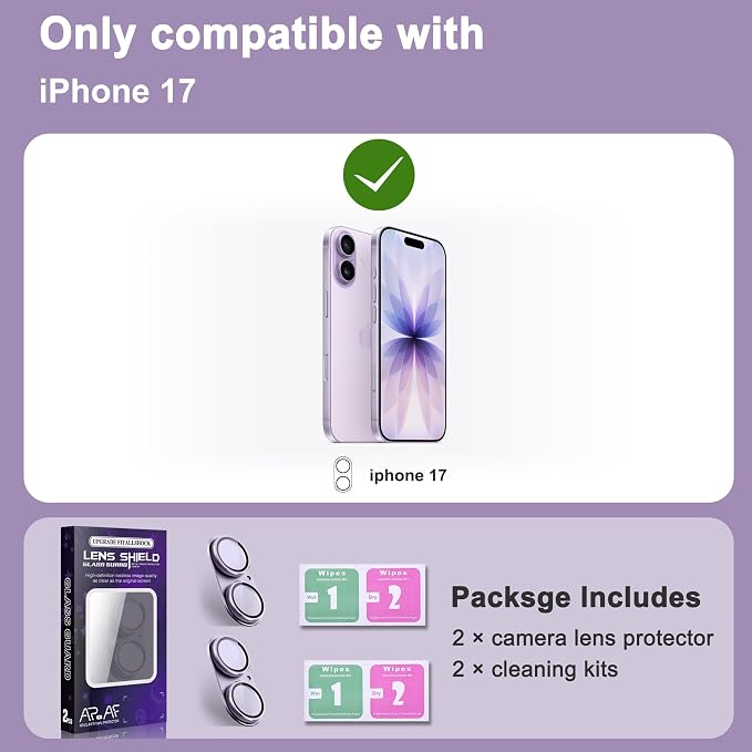 2 Pack Camera Lens Protector for iPhone 17,[Not Easy to Breakn ] AR Tempered Glass Strong Adsorption Metal Camera Cover Screen-Light Purple