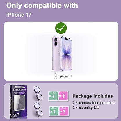 2 Pack Camera Lens Protector for iPhone 17,[Not Easy to Breakn ] AR Tempered Glass Strong Adsorption Metal Camera Cover Screen-Light Purple
