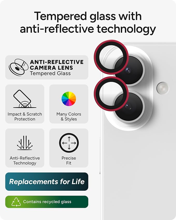 ZAGG iPhone Camera Lens Protector for iPhone 17/16/ 16 Plus - Pink, Camera Ring, Maximum Impact & Scratch Protection, Anti-Reflective Technology, Smudge-Resistant, Precise Fit, Glass Elite