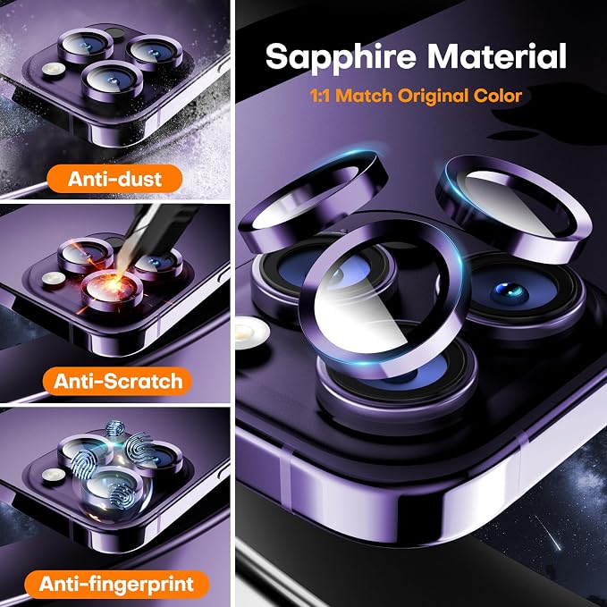 Camera Lens Protector for iPhone 17 Pro Max/17 Pro/16 Pro Max/16 Pro/15 Pro Max/15 Pro/14 Pro Max/14 Pro, Tempered Glass Metal Individual Camera Cover[Anti-drop] Case Friendly-Deep Purple