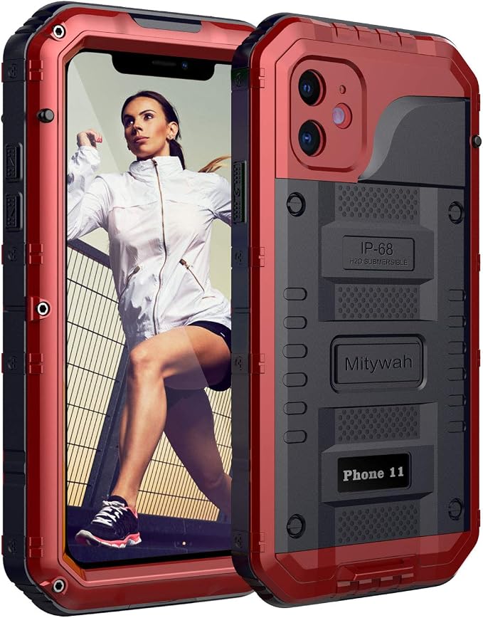 Mitywah Waterproof Case for iPhone 11, Heavy Duty Military Grade Armor Metal Case, Full Body Protective Shockproof Dustproof Strong Rugged Thick Case for iPhone 11, Red