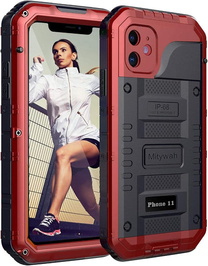 Mitywah Waterproof Case for iPhone 11, Heavy Duty Military Grade Armor Metal Case, Full Body Protective Shockproof Dustproof Strong Rugged Thick Case for iPhone 11, Red