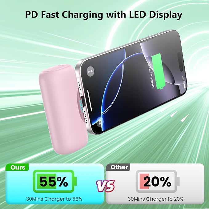 [2-Pack] 6000mAh Portable Charger for iPhone 17/16, LCD Display USB C Mini Power Bank,PD Fast Charging Lipstick Sized Battery Pack for iPhone 17/16/15 Pro Max, Galaxy S25/S24, Pixel (Black+Pink)