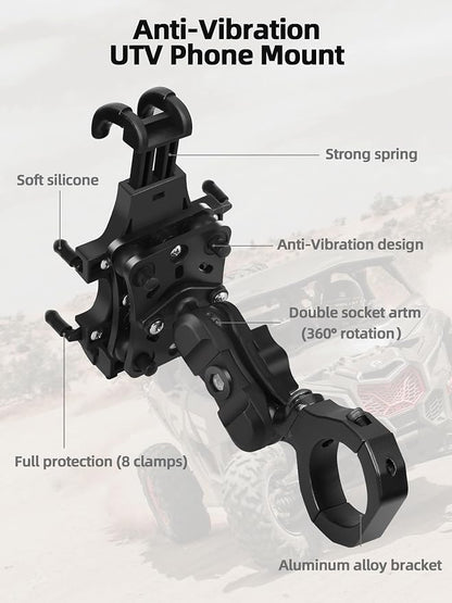 ZIDIYORUO Anti-Vibration UTV Phone Mount Heavy Duty, Full Protection SXS Phone Holder with Aluminum Bracket Fit for 1.75-2" Roll Cage, Adjustable UTV Cell Phone Holder Holds 4.7-7.1" Phones