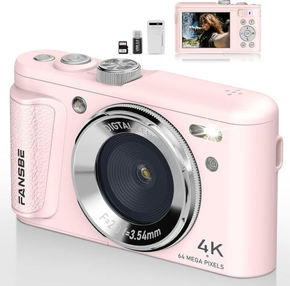 Digital Camera, 4K Vlogging Camera with 64MP, Point and Shoot Digital Cameras with 18X Zoom, Anti-Shake, Mode Dial, 32GB SD Card, Card Reader, Charger, Compact Small Cameras, Pink
