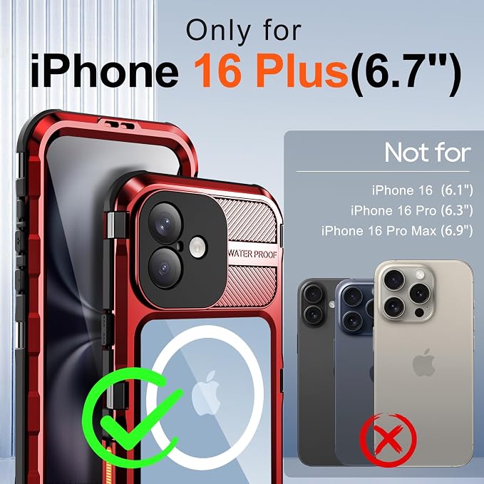 WIFORT for iPhone 16 Plus Waterproof Case - Metal Heavy Duty [Built-in Screen Protector] [14FT Military Shockproof] [Fit for MagSafe], IP68 Full Body Rugged Water Proof Magnetic Cover, 6.7" Red