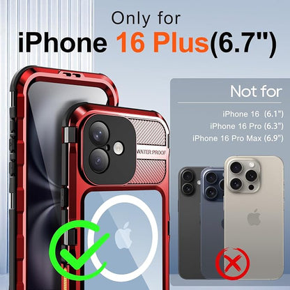 WIFORT for iPhone 16 Plus Waterproof Case - Metal Heavy Duty [Built-in Screen Protector] [14FT Military Shockproof] [Fit for MagSafe], IP68 Full Body Rugged Water Proof Magnetic Cover, 6.7" Red
