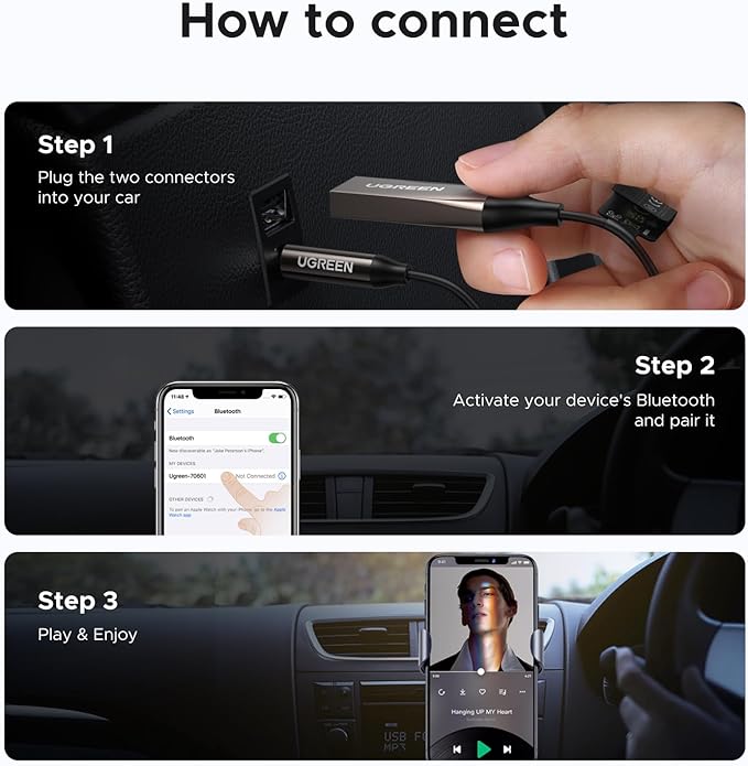 UGREEN Aux to Bluetooth 6.0 Car Adapter with LDAC, 3.5mm Aux Adapter Built-in Microphone, Car Bluetooth Audio Receiver for Hands-Free Calls Compatible with Speaker & Home Audio