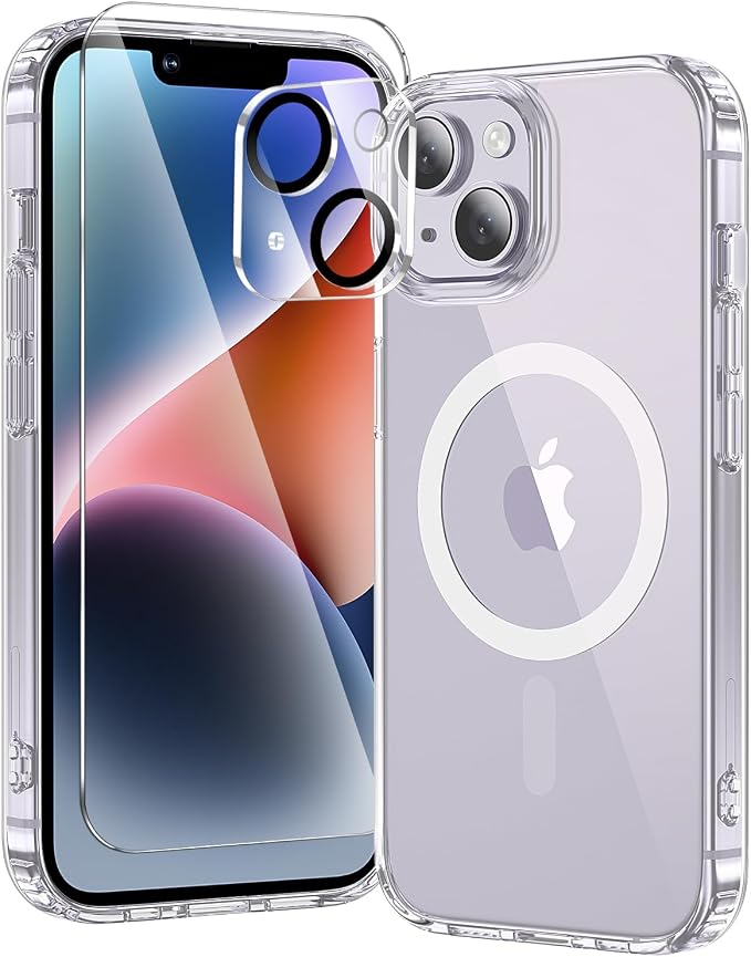 3 in 1 for iPhone 14 Case Clear with MagSafe, Not Yellowing, Screen Protector*1 Camera Lens Protector*1, Military-Grade Protection for iPhone 14 Phone Case 6.1 inch Clear