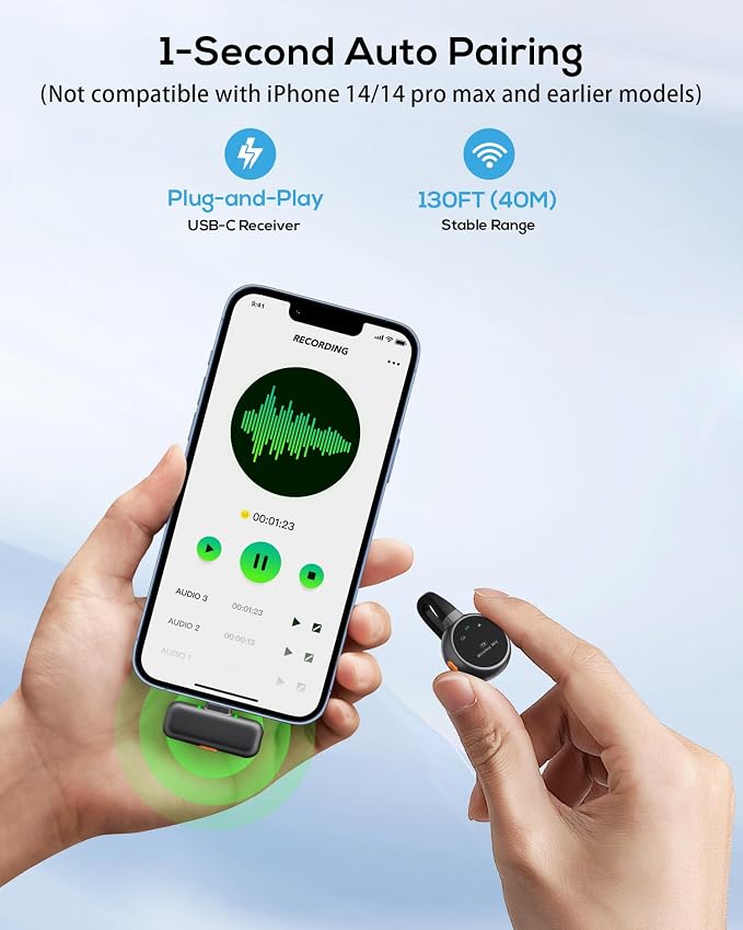 Wireless Lavalier Microphone for iPhone, iPad, Android - USB-C Plug Noise Cancelling Lapel Mini Mic with Charging Case, 30H Battery - Compact Clip-on Mic for YouTube, TikTok, Podcast, Video Recording