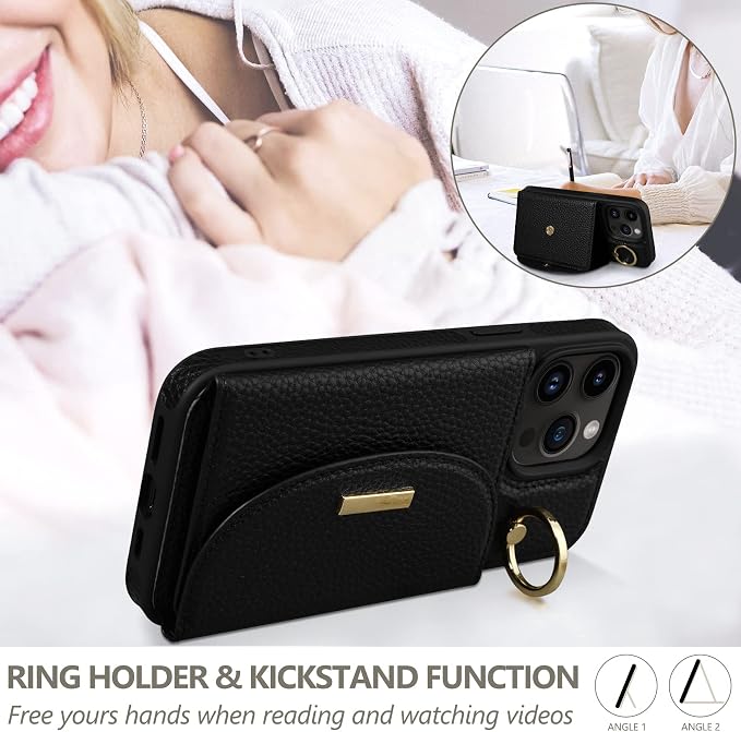 Keallce Wallet Case for iPhone 15 Pro Max 6.7'', Flip Case with Card Slots, Ring Holder Kickstand, PU Leather Protective Folio Cover for Women, Black