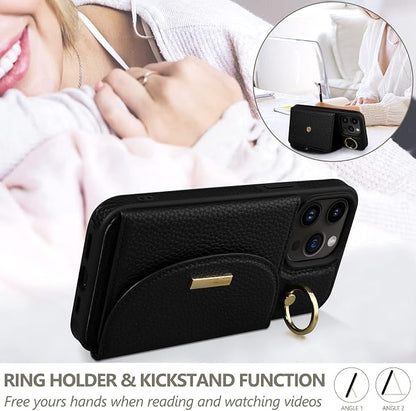Keallce Wallet Case for iPhone 15 Pro Max 6.7'', Flip Case with Card Slots, Ring Holder Kickstand, PU Leather Protective Folio Cover for Women, Black