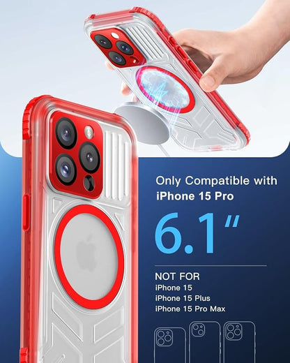 for iPhone 15 Pro Waterproof Case with Magsafe, Built-in [Camera & Screen Protector] [Lanyard], IP68 Water Proof Full Body Dustproof Heavy Duty Frosted Protective Phone Cover, 6.1" Red