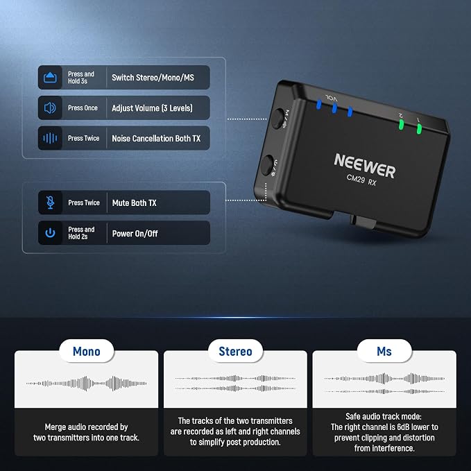NEEWER CM29 Mini Wireless Microphone, 48KHz/24Bit Noise Cancelling Clip On Lav Mic, 25H Battery, 150m Range, Compatible with iPhone iPad Android DJI Insta360 Camera PC Mac (1RX+2TX+Charging Case)