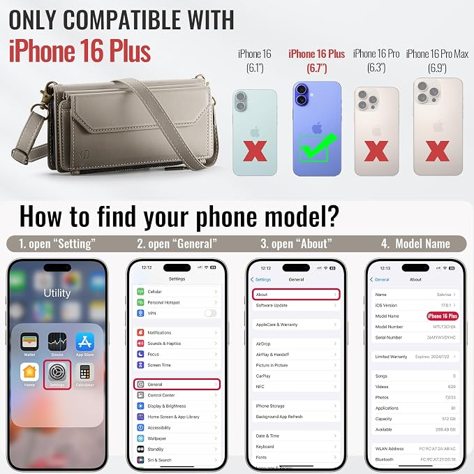 Strapurs Wallet Case Compatible with iPhone 16 Plus 6.7" RFID Blocking 10-Card Holder Soft PU Leather Magnetic Snap Shoulder Strap Zipper Pocket Phone Case Fit for iPhone 16 Plus - Grey