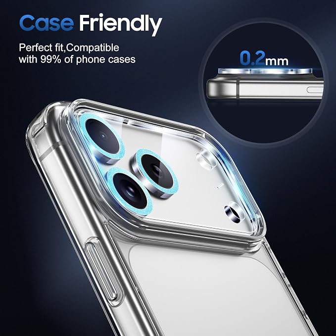 UniqueMe Compatible for 3 Pack iPhone 17 Pro Camera Lens Protector - [Drop Protection] [Case Friendly] 9H Tempered Glass Camera Cover Screen [Update New Version] - Glitter Blue
