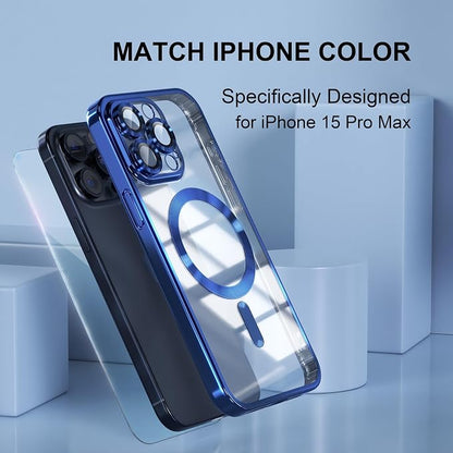 Misea Magnetic for iPhone 15 Pro Max Case with MagSafe [Never Yellowing] [Military Grade Drop Protection] Full Camera Lens Protector Plating Soft Clear Phone Case for Women Girls, Deep Blue