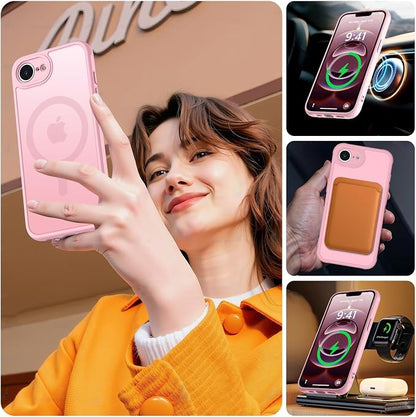 MOCCA Strong Magnetic for iPhone 17e Case/iPhone 16e Case [Compatible with Magsafe] [Full Camera Protection] Slim Translucent Matte Shockproof Phone Case for iPhone 17e / 16e 6.1", Pink