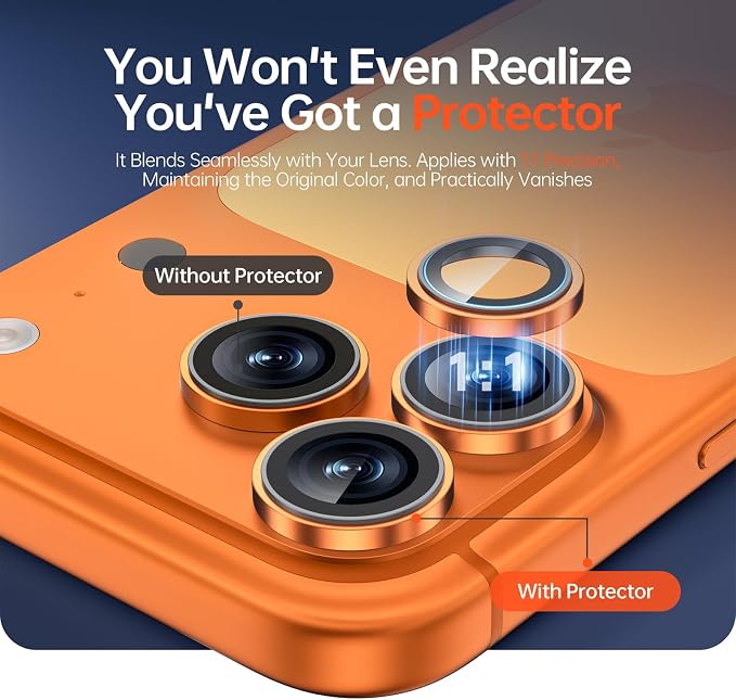 2 Pack Camera Lens Protector for iPhone 17 Pro Max/17 Pro/16 Pro Max/16 Pro/15 Pro Max/15 Pro/14 Pro Max/14 Pro [1:1 Invisible Fit] Military Grade Glass Metal Camera Lens Cover, Orange