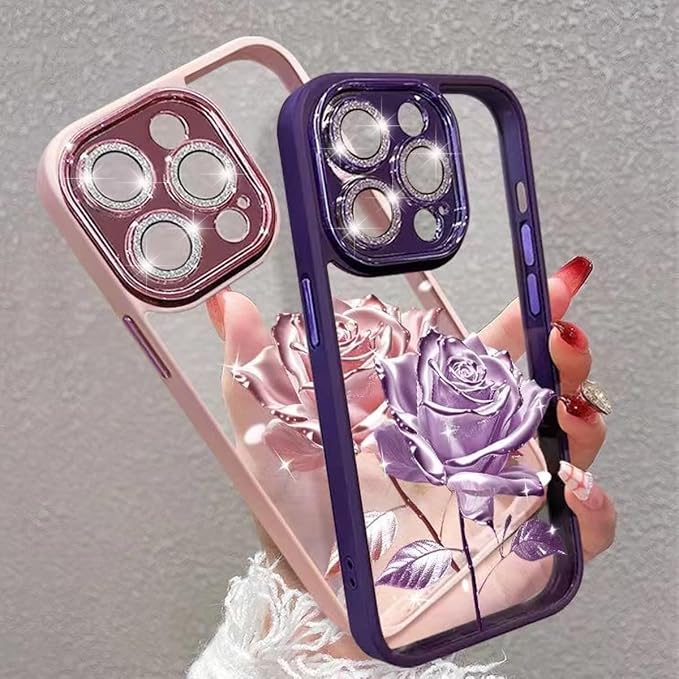 for iPhone 17 Pro Max Fairy Rose Clear Case, Cute Flower Floral with Glitter Bling Sparkly Camera Lens Protector TPU Bumper Shockproof Women Girls Phone Case for iPhone 17 Pro Max 6.9",Purple
