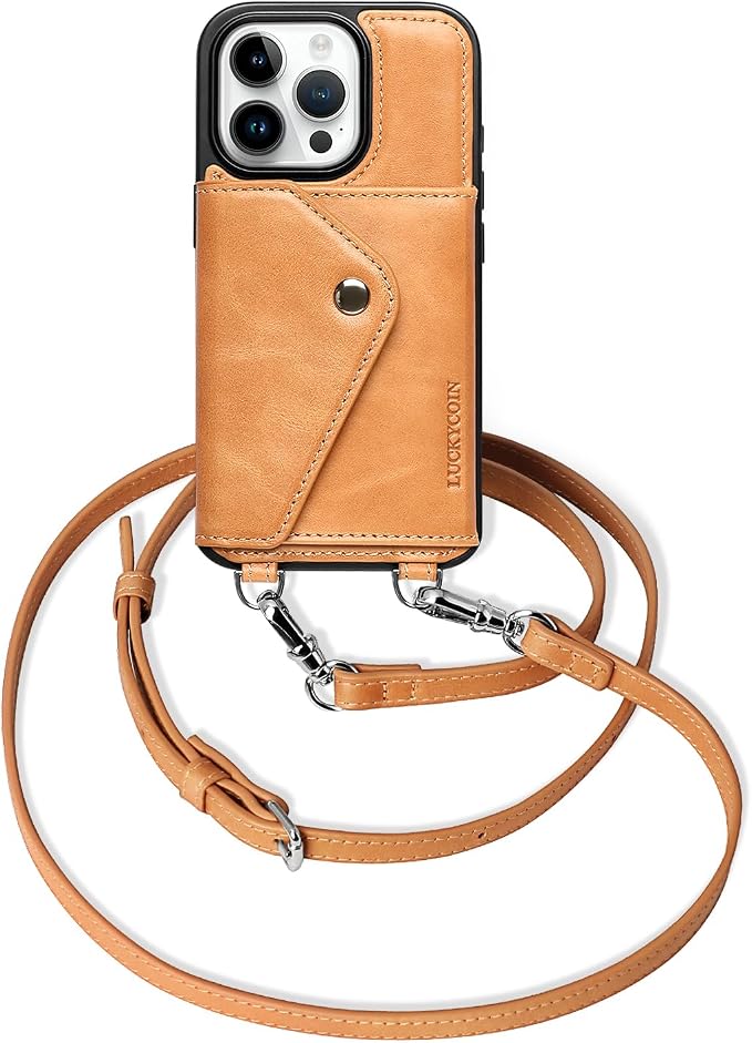 LUCKYCOIN for iPhone 16 Pro Crossbody Wallet Case – Genuine Leather Phone Purse with Adjustable Strap and Card Holder,Lanyard Phone Purse Case for Women,Vintage Tan