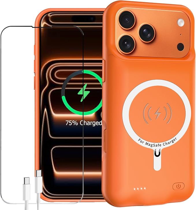 Battery Case for iPhone 17 Pro Max, Enhanced 12000mAh Portable Protective Wireless Charging Case Support Carplay Compatible with iPhone 17 Pro Max (6.9 inch) Rechargeable Battery Charger Cover(Orange)