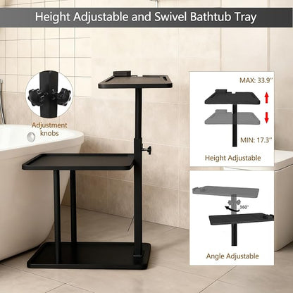 3 Layer Bathtub Tray Table,Bamboo Swivel Bathtub Side Table Height Adjustable,Freestanding Bathtub Tray for Tub Against Wall,Bathtub Accessories&Bathroom Organizer for Luxury Home Spa (Black1)