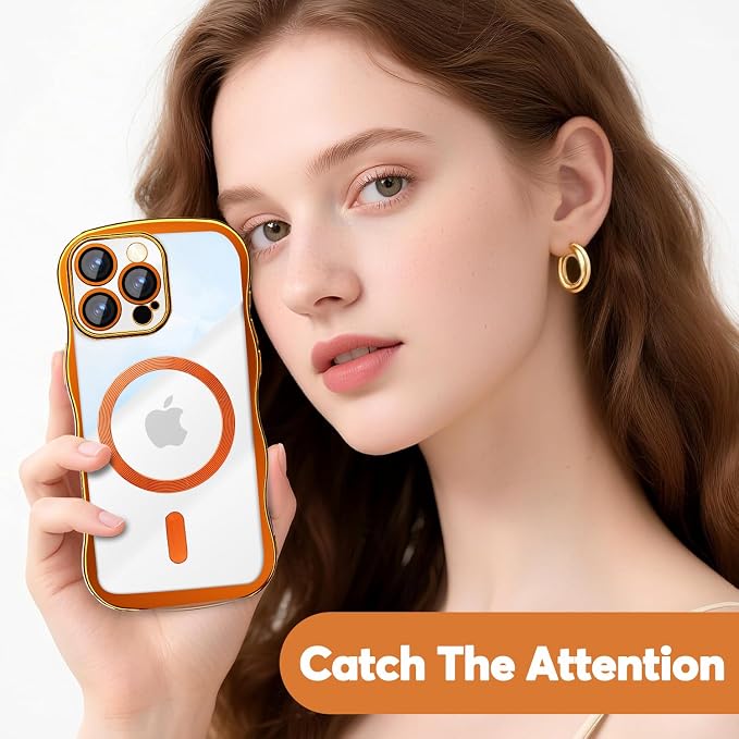 Misscase Designed for iPhone 16 Pro Max Case 6.9",with Privacy Screen Protector*1,Cute Wave Frame Case with Camera Lens Protector,Compatible with MagSafe Plating Bling for Women Orange