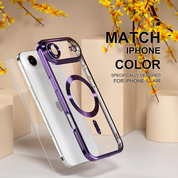Misea Magnetic for iPhone 17 Air Case Compatible with MagSafe [Never Yellowing] [Military Grade Drop Protection] Full Camera Lens Protector Plating Soft Clear Phone Case for Women, Deep Purple