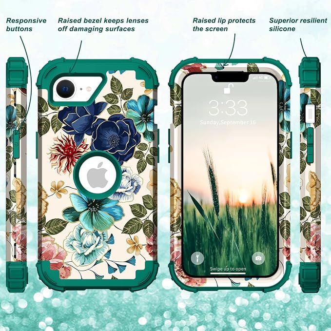 Hocase for iPhone 17e/iPhone 16e Case, Heavy Duty Shockproof Protection Hard Plastic+Silicone Rubber Hybrid Protective Phone Case for iPhone 17e/16e 6.1" - Teal Flowers