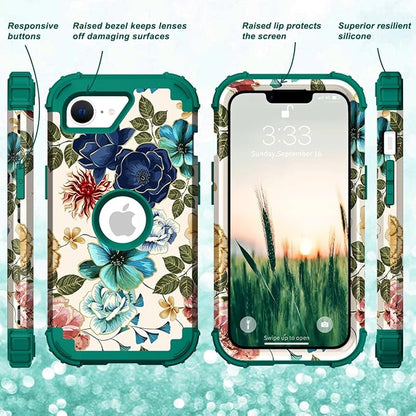Hocase for iPhone 17e/iPhone 16e Case, Heavy Duty Shockproof Protection Hard Plastic+Silicone Rubber Hybrid Protective Phone Case for iPhone 17e/16e 6.1" - Teal Flowers
