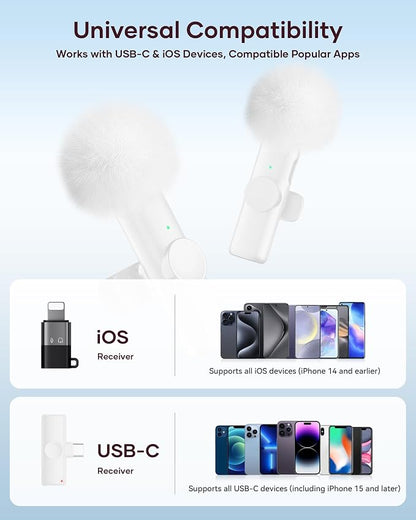 Wireless Microphone for iPhone iPad and Android Phone, 2 Pack Wireless Lavalier Lapel Mic with Noise Reduction, Plug and Play Mini Microphone for Video Recording Interview YouTube TikTok Vlog (White)