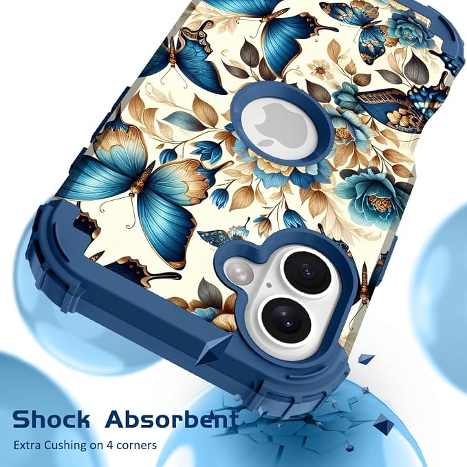 Hocase for iPhone 17 Case 6.3", Heavy Duty Shockproof Protection Soft Silicone Rubber+Hard Plastic Bumpers Hybrid Protective Case for iPhone 17 2025 - Blue Butterflies